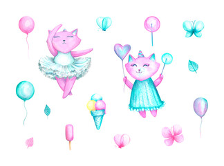 A set of unicorn cats in turquoise dresses with sweets isolated on a white background. Cute cartoon pink princess kittens. Ballet dancer. Girls. Watercolor hand-drawn illustration. Baby shower.