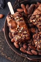 Chocolate ice cream popsicle with nut