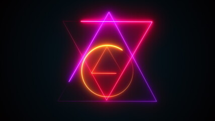 Fototapeta na wymiar Esoteric 3d render triangle with glowing lines and star david. Occult bright geometric pentacle that ignites in mystical witchcraft fire. Polygonal alchemical talisman with pagan symbols.