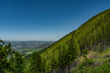 Fototapeta premium Pass near Niederer Schockl hill with green meadows and fences in Austria