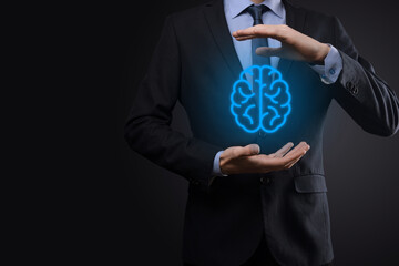 Businessman holding abstract brain and icon tools, device, customer network connection communication on virtual , innovative development future technology, science, innovation and business concept