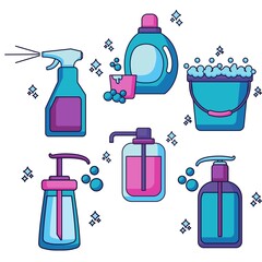 Cleaning Products Set In Blue And Purple.