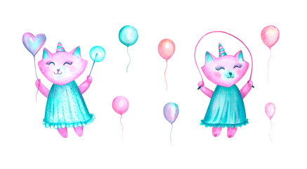 A set of unicorn cats in turquoise dresses with balloons isolated on a white background. Cute cartoon pink princess kittens. Watercolor hand-drawn illustration. Baby shower.
