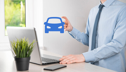Naklejka na ściany i meble Digital composite of Man holding car icon.Car automobile insurance and car services concept. Businessman with offering gesture and icon of car
