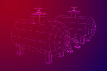Oil tank storage of flammable materials and pipeline with valve. Finance economy polygonal petrol production. Petroleum fuel industry transportation line. Wireframe low poly mesh vector illustration.