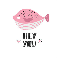 Cute pink scandinavian lettering fish - 442386757