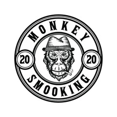 Cool Monkey With Hat And Pipe Smoke Drawing Vintage Badge Logo Vector Illustration Template Icon Design