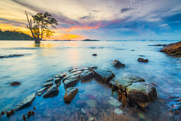 Fototapeta na wymiar Beautiful sunset with rocky fourgrounds and mangrove trees on the coast of Tanjung on the edge of Batam Island