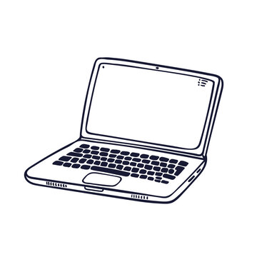 Laptop in doodle style. Notebook with empty white screen on white background Vector illustration