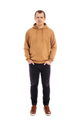 Fototapeta premium full length portrait of handsome man in beige hoodie isolated on white