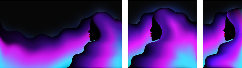  A girl with long, wavy hair, neon color. Abstract background. Vector graphics.  It can be used in the design of cover art, screen saver, book design, poster, flyer, CD cover, website background, etc.