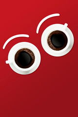 Hot black coffee in a white coffee cup with a saucer on red background - Coffee Poster Advertisement design eye pattern with copy space