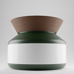 green frosted jar with cork cap lid and blank label for mockup