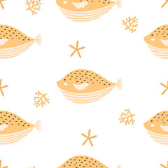 Seamless pattern with cute fishes in the scandinavian style - 442387948
