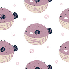 Seamless pattern with cute puffer fish in scandinavian style - 442388115