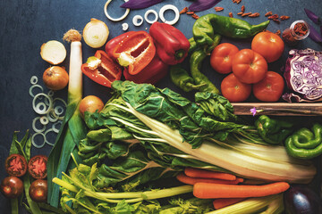 Fondo de comida vegetariana y concepto de recetas de cocina. Alimentos saludables. Colección de...