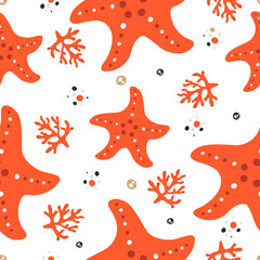 Seamless pattern with cute starfish and corals - 442388191