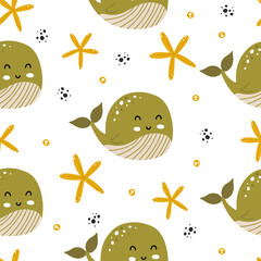 Seamless pattern with cute whales in scandinavian style - 442388323