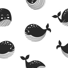 Seamless pattern with cute whales of black color in scandinavian style - 442388356