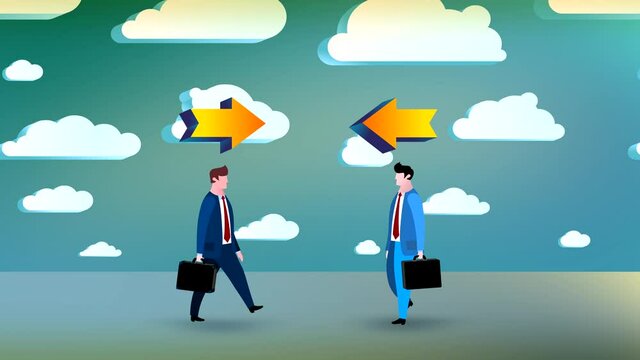 Two cartoon businessmen characters meet each other. Walking, stopping.  Opposite arrows over heads. Bubble speech. Business people animated version. Business cartoon animations serie.