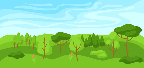 Spring landscape with forest, trees and bushes.