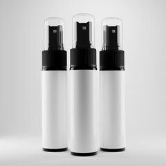 black spray bottle with a clear transparent cap and blank label for mockup