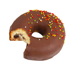 Chocolate glazed donut eaten decorated isolated on the white background