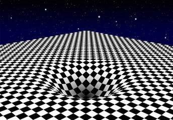 Abstract checkered board background with round pit or hole and corner. Surreal illustration.
