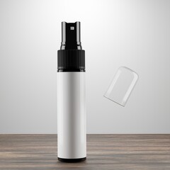 black spray bottle with an open clear transparent cap and blank label for mockup