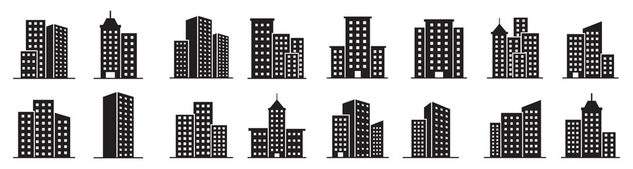 ildings icon set, skyscraper, Architecture buildings icon. Hospital, town house, museum. Bank, Hotel, Courthouse. City, Real estate symbol, Vector illustration