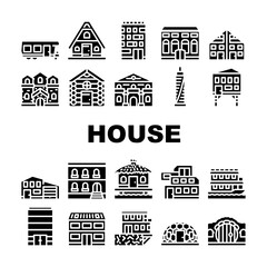 Fototapeta premium House Real Estate Collection Icons Set Vector. Bungalow On Water And Skyscraper Office Building, Cottage And Residence, Modern And Medieval House Glyph Pictograms Black Illustrations