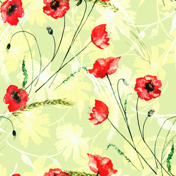 Watercolor floral seamless pattern. Calendula, chamomile, poppy. Red poppy. Beautiful abstract background. For fabric, cover, packaging, material, scarf. Watercolor splash.Spikelet of wheat