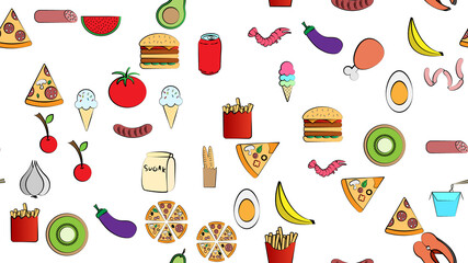Endless white seamless pattern of delicious food and snack items icons set for restaurant bar cafe: ice cream, burger, pizza, sausage, drink, egg, tomato, garlic, mango, watermelon. The background