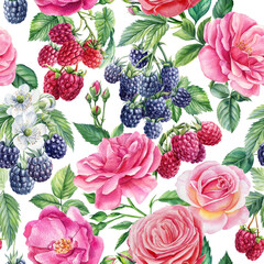 flowers of roses and berries of raspberry, blackberry. Floral seamless patterns, watercolor illustration © Hanna
