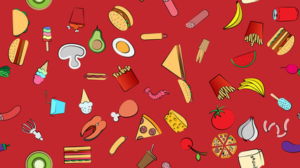 Endless red seamless pattern of delicious food and snack items icons set for restaurant bar cafe: fast food, cheat meat, burger, pizza, hot dog, sandwich, fruits, vegetables. The background