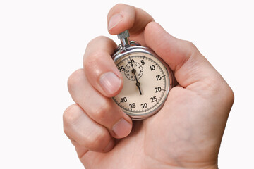 Stopwatch in hand, finger presses a button, start, finish, isolate, close-up