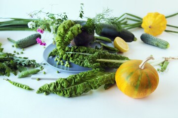 Fresh seasonal organic vegetables and herbs for cooking vegetarian lunch, healthy food concept