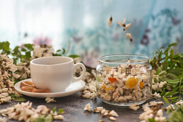 Cup of coffeel and acacia closeup. Nutrition. background with a cup of Coffee and acacia flowers.