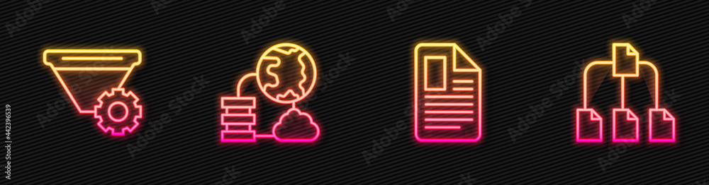 Poster set line file document, filter setting, network cloud connection and folder tree. glowing neon icon.