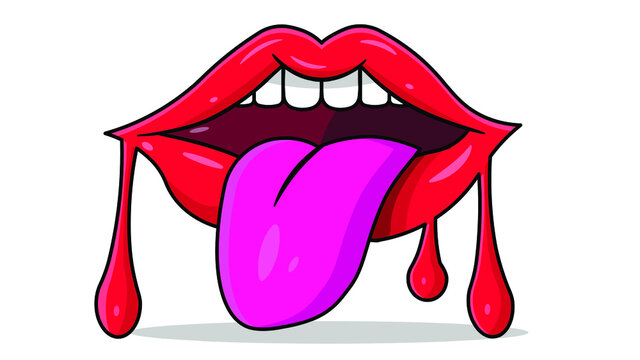 Red dripping girl lips with wide open tongue out isolated on white background. Women bleeding sexy red mouth illustration