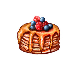A stack of pancakes with sweet maple syrup or honey and fresh raspberries and currants falling onto the pancakes. Illustration on white background