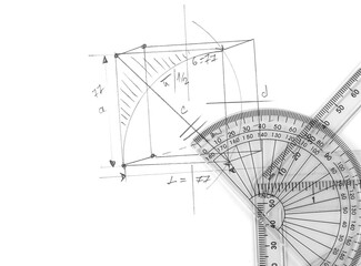 Transparent rulers and drawn cube isolated on white background