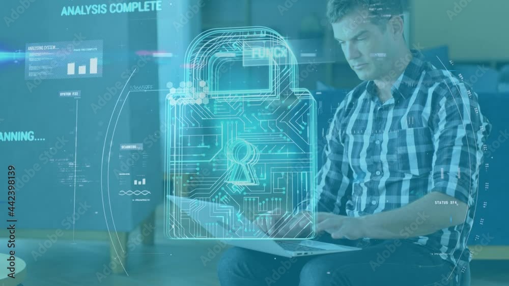 Poster animation of online security padlock and data processing over businessman using laptop