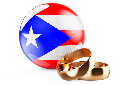 Weddings In Puerto Rico Concept. Wedding Rings With Puerto Rican Flag. 3D Rendering