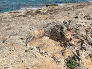Seaside view by the Prehistoric Cemetery of oldest submerged lost city of Pavlopetri in Laconia, Greece. About 5,000 years old. It is the oldest city in the Mediterranean sea.