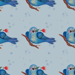 Seamless pattern. Beautiful bluebird with a red flower in its beak on a branch on a light blue background. Watercolor. Illustration for design, decor, textiles, wallpaper, packaging, kids collection