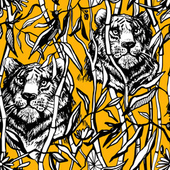 Tiger and lion seamless pattern. Exotic jungle on dark yellow background with drawn tropical bamboo leaves and trees. Black line art vector illustration. Trendy tigers and lions print
