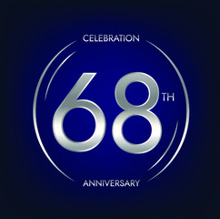68th anniversary. Sixty-eight years birthday celebration banner in silver color. Circular logo with elegant number design.