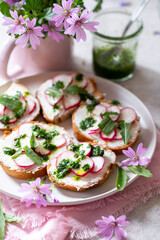 Crostini con formaggio cremoso, ravanelli a rondelle e pesto con rucola