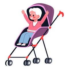 Small boy kid in stroller, toddler in perambulator